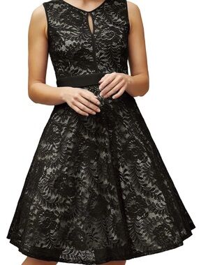 Sleeveless Black Lace Midi Dress with Keyhole Front